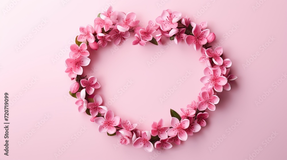 a serene Valentine's Day background featuring a wreath crafted from delicate pink flowers and adorned with hearts on a pastel pink backdrop, conveying a romantic ambiance.