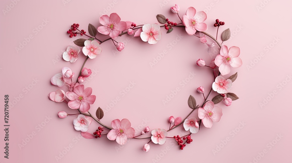 a serene Valentine's Day background featuring a wreath crafted from delicate pink flowers and adorned with hearts on a pastel pink backdrop, conveying a romantic ambiance.