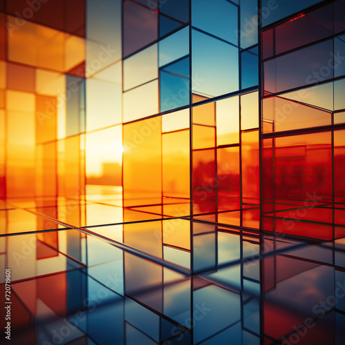Reflective Kaleidoscope: A Vibrant Abstract Vibrant Photo of a Skyscraper With Mirrored Glass Facade and Countless Windows. Abstract background design. Geometric perspective angle