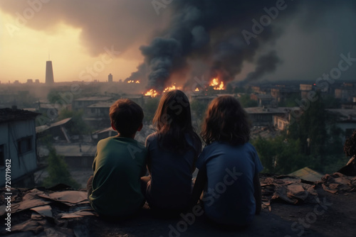 a couple child sits with his back and sees a city destroyed by war. a child without a family in the ruins. The city is on fire after an airstrike by an enemy aggressor country. Generative AI