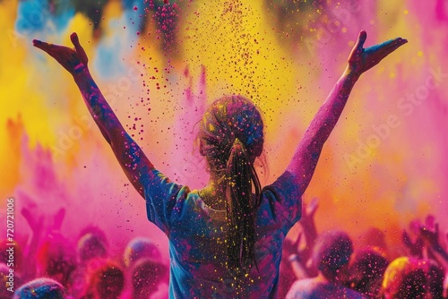 Person celebrating at a vibrant color festival, arms raised in joy.