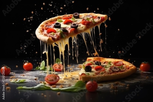 Levitated pizza portion with cheese, tomatoes, greens, and olives in flight against a dark backdrop