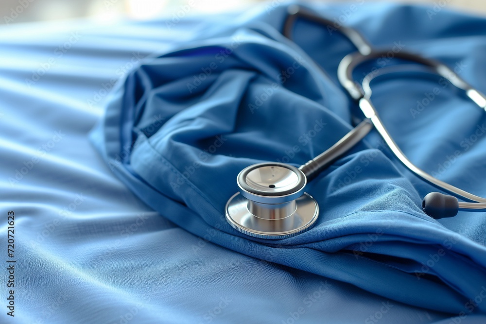 Medical Stethoscope on Blue Fabric Medical Stethoscope on Blue Fabric