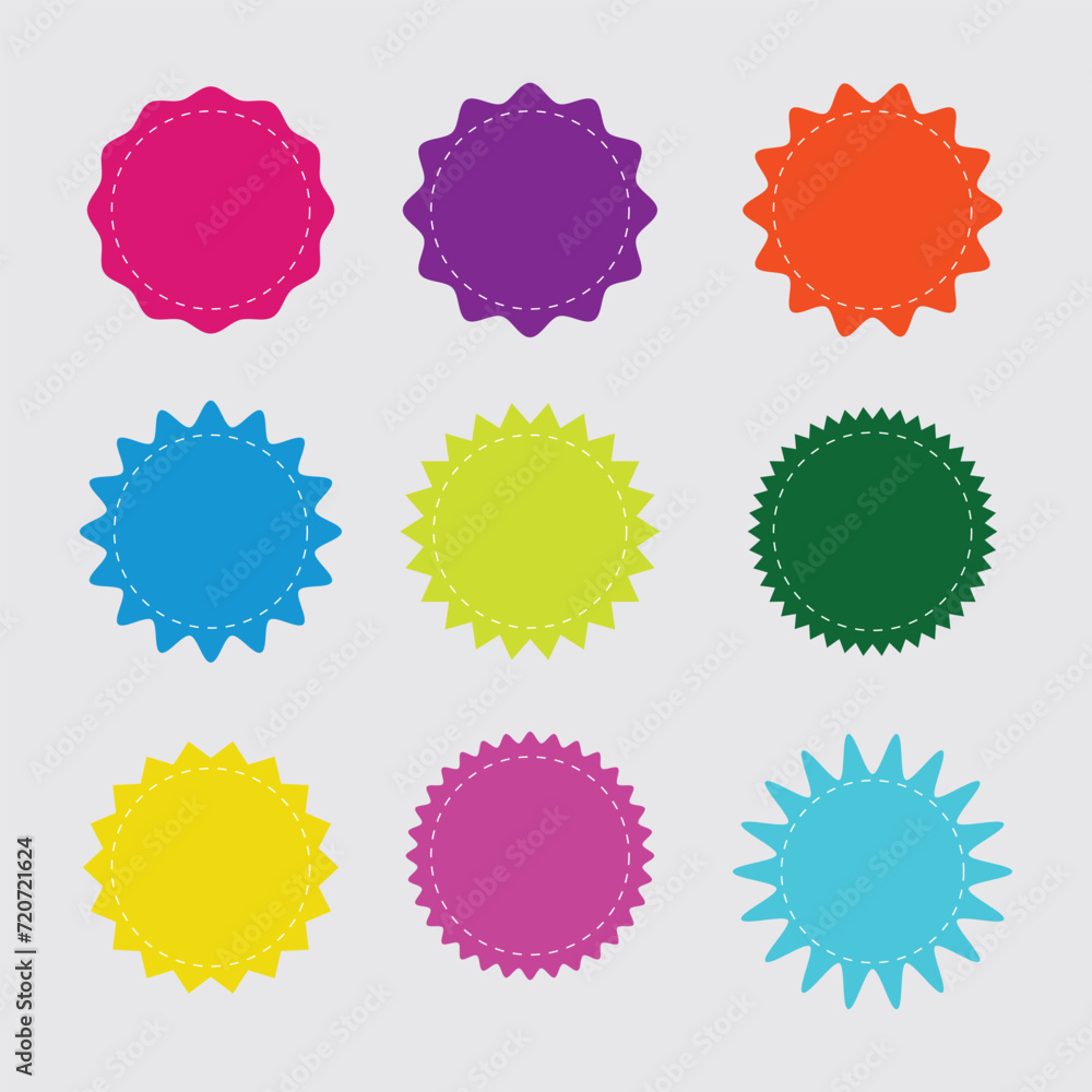Starburst badge shape, burst wave star, price label sticker, Simple flat style vintage labels, stickers, on white background Starburst badge shape, burst wave star, price label sticker, Simple flat style vintage labels, stickers, on white background