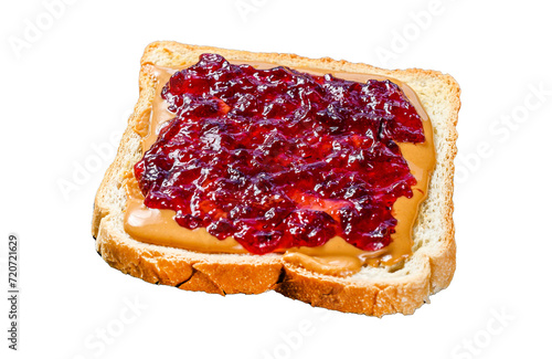 Peanut butter and jelly on white bread toasts. Isolated, Transparent background. 