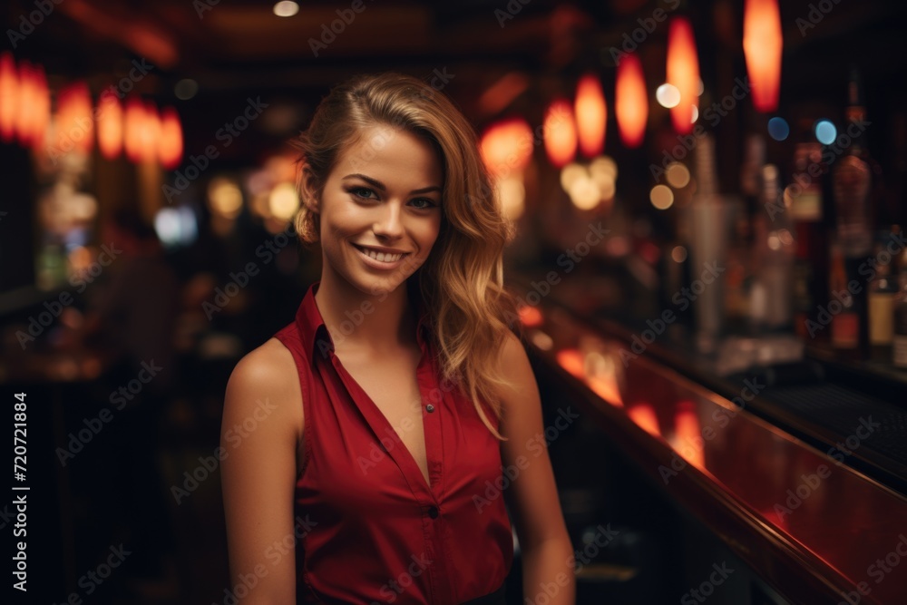 Enchanting Beverage Maven: Behind the bar, a girl with an enchanting smile becomes a beverage maestro, turning every drink into a delightful experience
