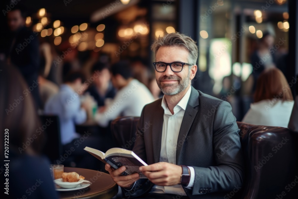 Joyful reader in a suit savors a pause in a lively cafe setting.