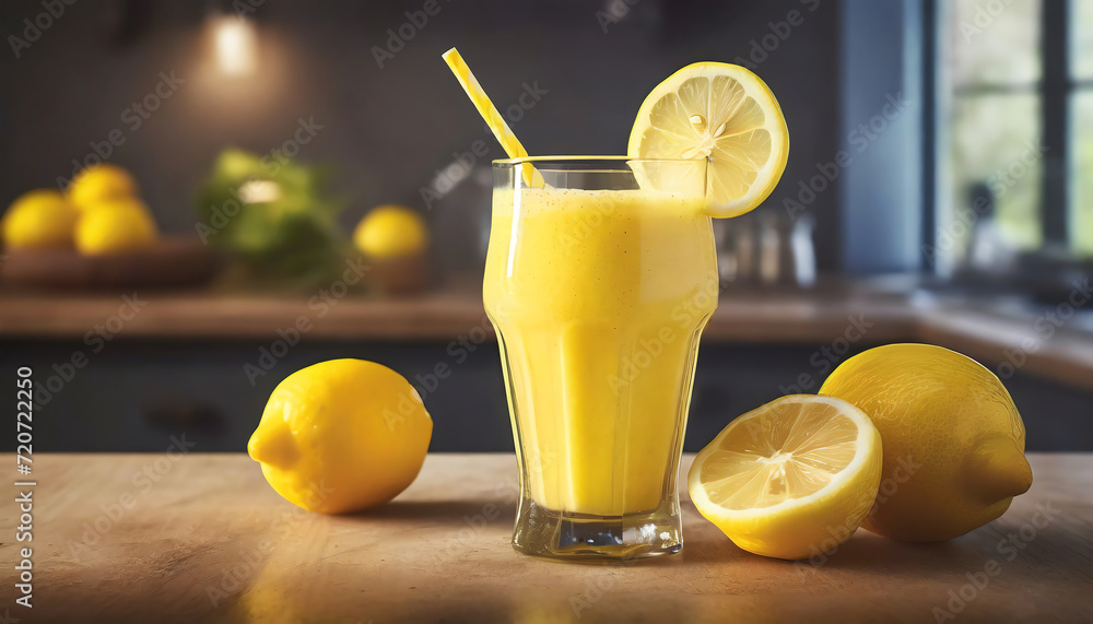 a yellow smoothie in a glass with lemons on a wooden table in the kitchen a yellow smoothie in a glass with lemons on a wooden table in the kitchen