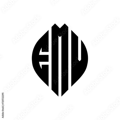 EMV circle letter logo design with circle and ellipse shape. EMV ellipse letters with typographic style. The three initials form a circle logo. EMV Circle Emblem Abstract Monogram Letter Mark Vector.
