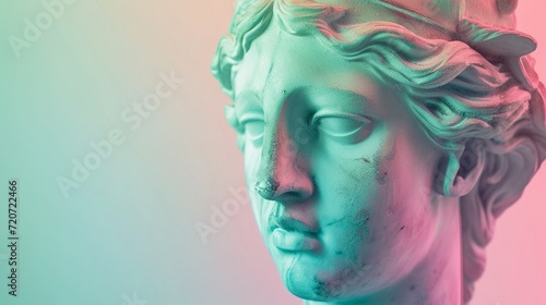 Sculpture of an abstract greek deity, done in the pastel gradient pink and green background colors, close up, copy space, Generative AI.