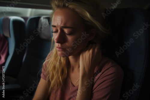 Photo capturing a woman's anxiety during a flight, illustrating her fear of flying © Konstiantyn Zapylaie