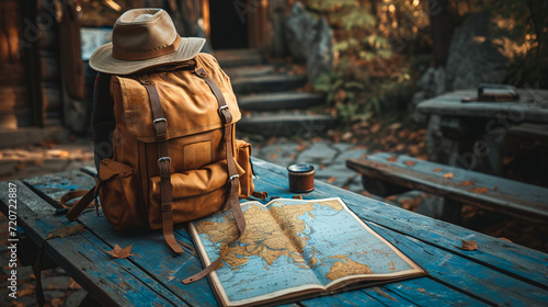 Yellow backpack and a hat on top of it on a blue wooden table with a world map photo