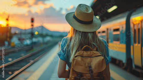 Young girl wearing a travel backpack and a gat walking through a railway station photo