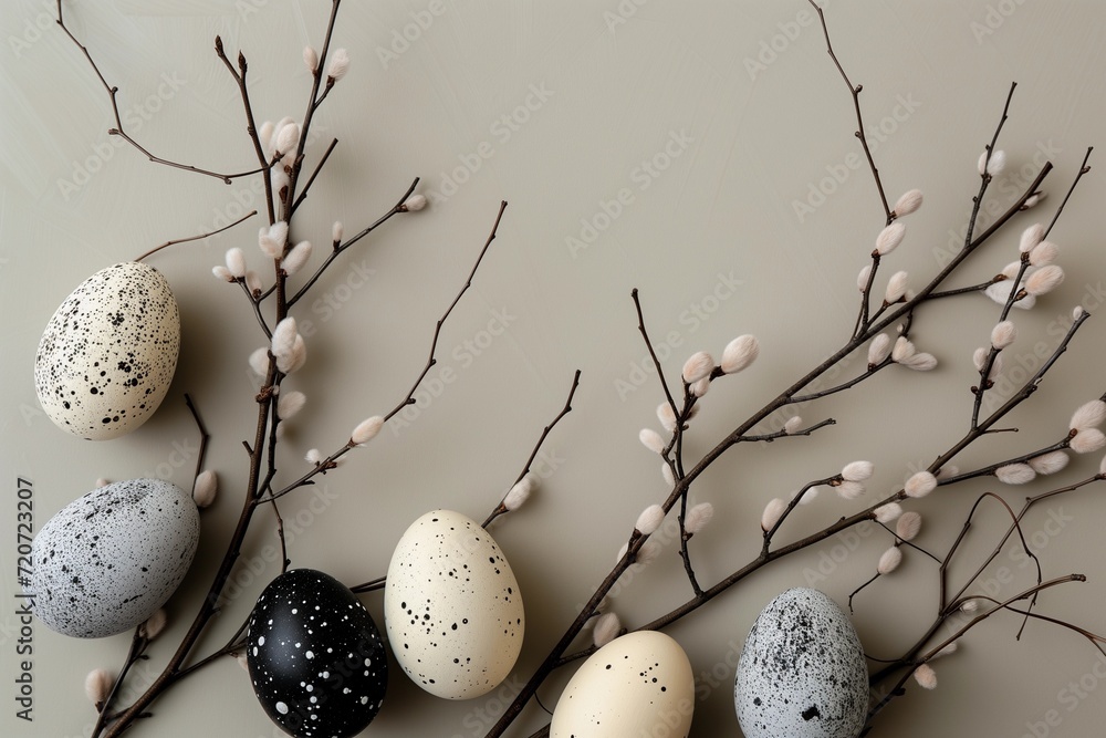 Obraz premium Easter Eggs and Willow Branches on Neutral Background