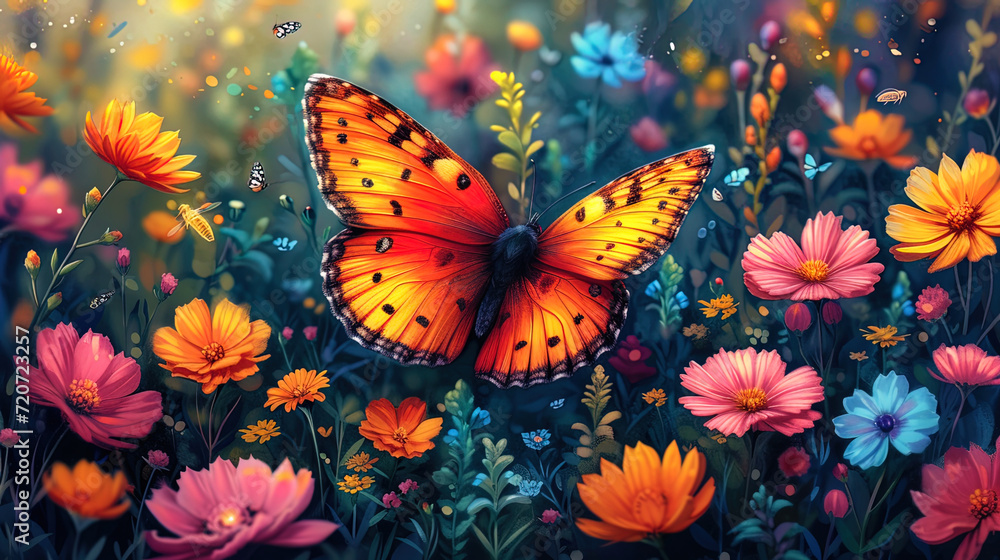 A drawing where colorful butterflies and lively insects fly around bright flo