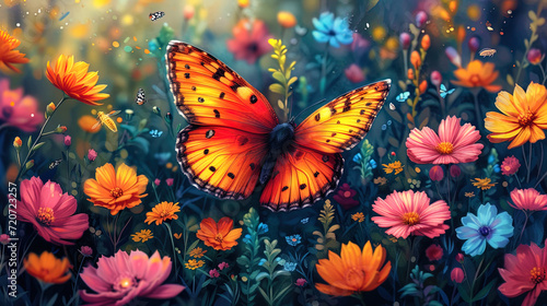 A drawing where colorful butterflies and lively insects fly around bright flo © JVLMediaUHD