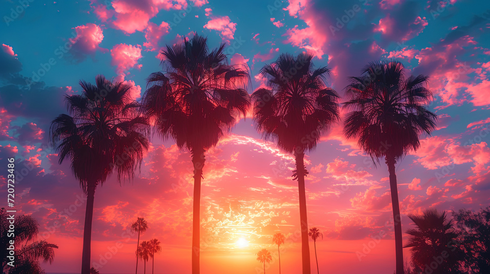 A photograph of palm trees before sunset in a beautiful color pal