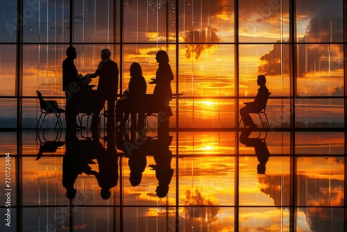 businesspeople in a modern office, silhouetted against a sunset window. Reflective floor. Serious atmosphere, indicating corporate discussions
