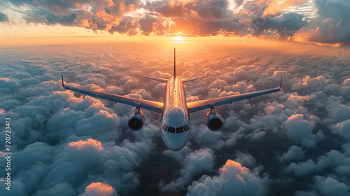 A passenger plane takes a flight above the clou