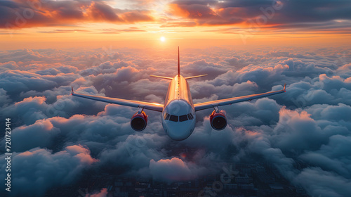 A passenger plane takes a flight above the clo