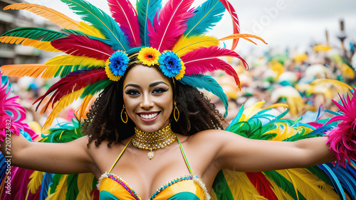 a woman in a colorful Brazilian carnival costume with feathers on her head and arms stretched high, smiling at the camera, street carnival Generative AI