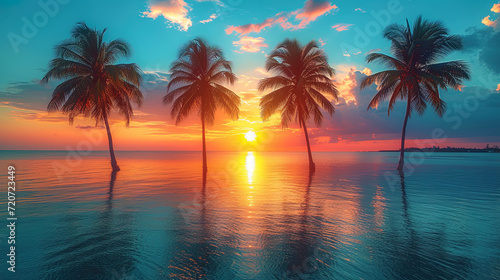 A photograph of palm trees before sunset in a beautiful color palet