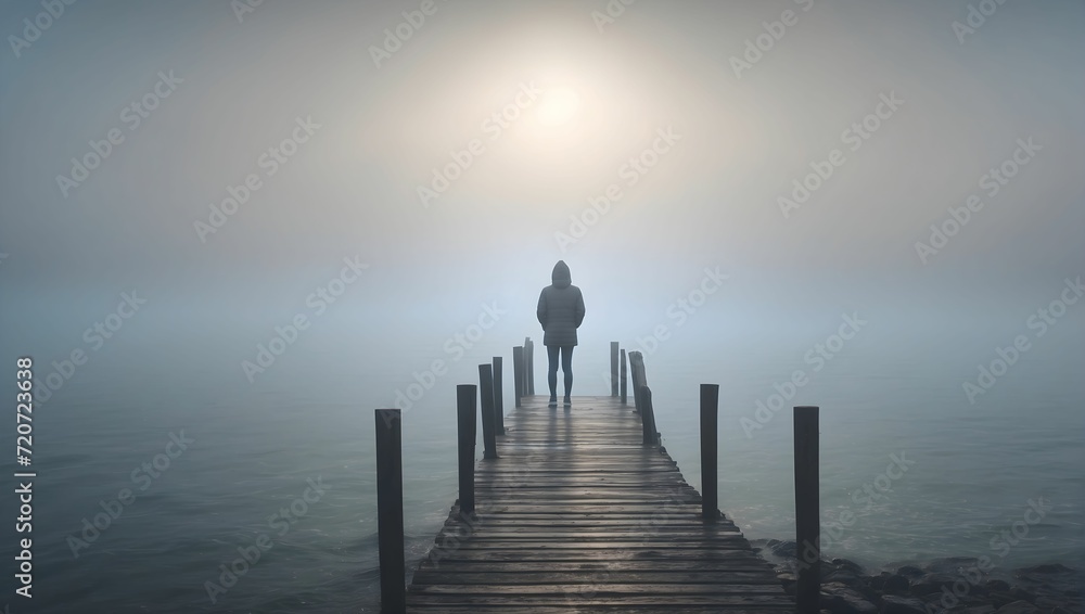 Person standing alone on a foggy pier, looking out at the sea, shrouded in mist, 4k. generative AI - obrazy, fototapety, plakaty 