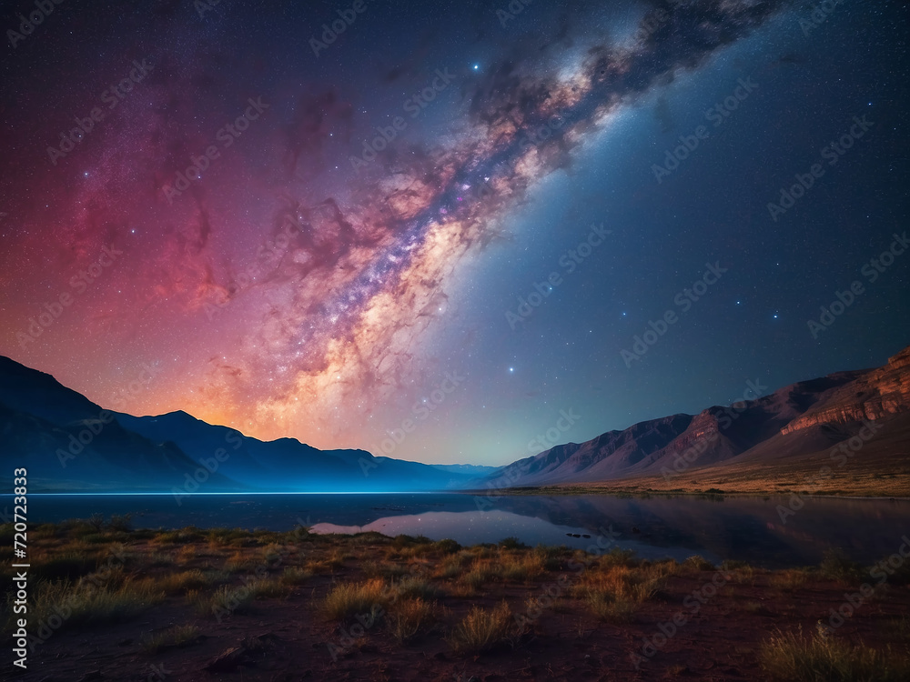 Lake and mountains at night. Starry sky. Milky Way