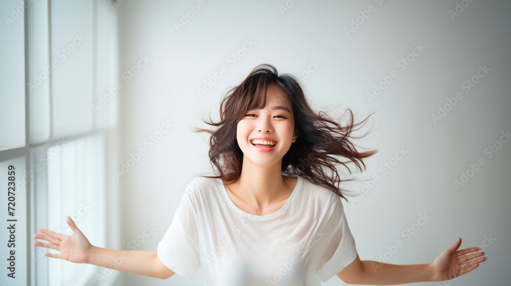 Portrait of thai adult beautiful girl white shirt relax and smile Portrait of thai adult beautiful girl white shirt relax and smile