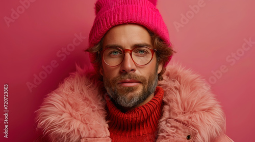 A studio picture of a guy with a mobile phone against a background of a brickred pale photo