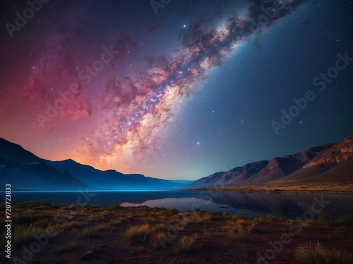 Lake and mountains at night. Starry sky. Milky Way
