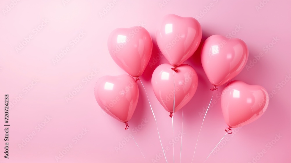 Pink heart shaped balloons on pink background. Valentines day background.