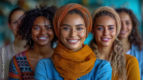 Image of a smiling multiethnic business arc with crossed hands, expressing unity and trus photo