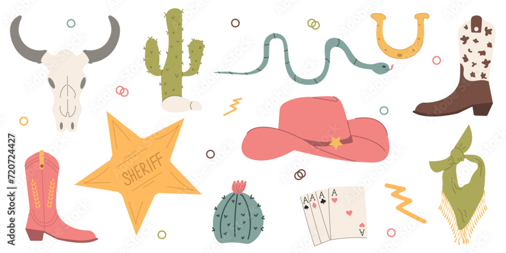 Wild West set. Flat design set with cowboy hat, boots, cactus, snake, cow skull, horseshoe, cards, lightning. Wild West set. Flat design set with cowboy hat, boots, cactus, snake, cow skull, horseshoe, cards, lightning.