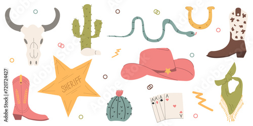Wild West set. Flat design set with cowboy hat, boots, cactus, snake, cow skull, horseshoe, cards, lightning. © Марина Мигаль
