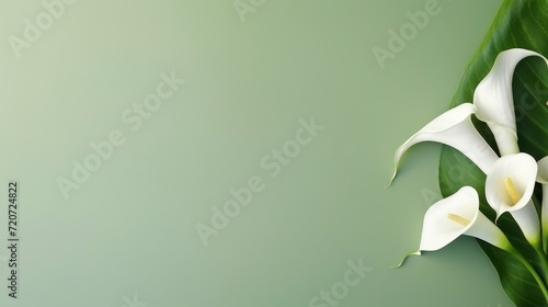 White calla lily flowers on plain background with copy space.