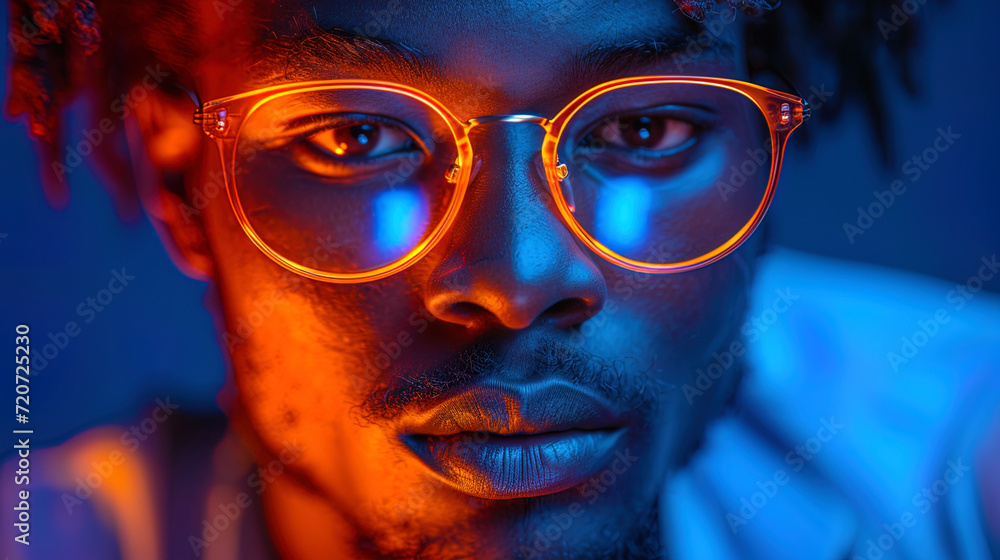 Studio photo of a guy with a phone in the background of a blue sh Studio photo of a guy with a phone in the background of a blue sh