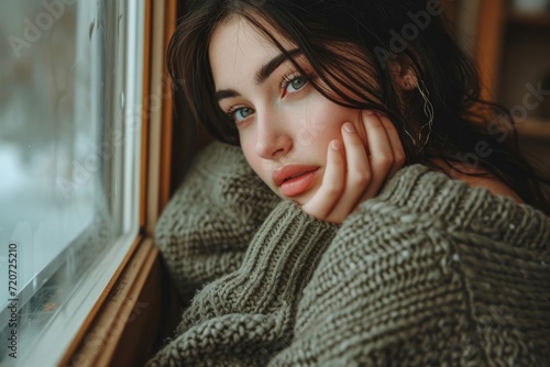 Cozy daydreams: A woman in an oversized sweater takes a moment to ponder, bathed in soft natural light.