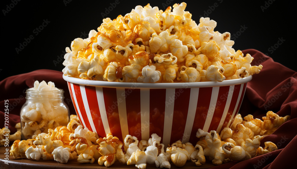 A striped bucket of fluffy yellow corn, a movie snack generated by AI A striped bucket of fluffy yellow corn, a movie snack generated by AI