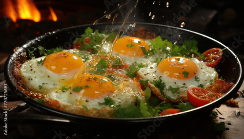 Freshly cooked fried egg on a rustic wooden plate generated by AI