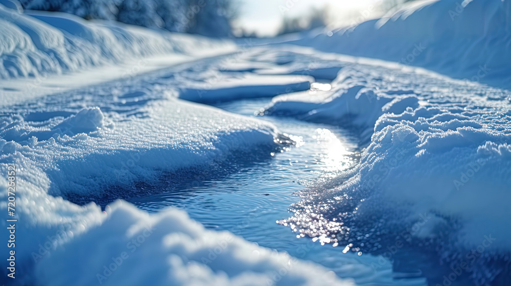 The graphic image of the process of melting snow, in which puddles appear and begin strea The graphic image of the process of melting snow, in which puddles appear and begin strea