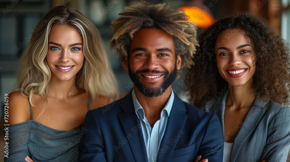 The image of a smiling business pair of different ethnic groups standing with crossed hand