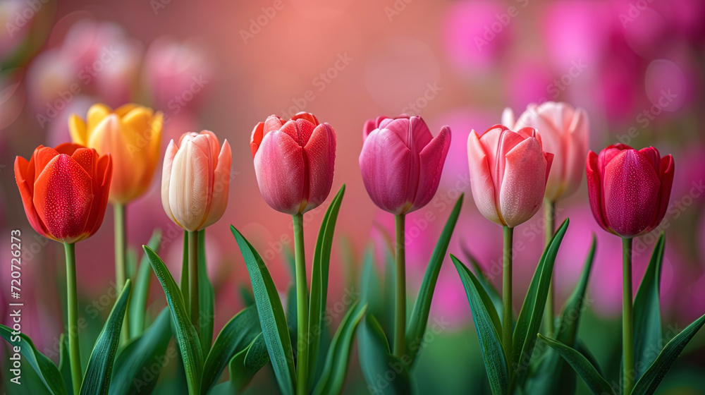 The spring tulip takes off, its juicy leaves framed by magnificent flowers in a bright palette from red to