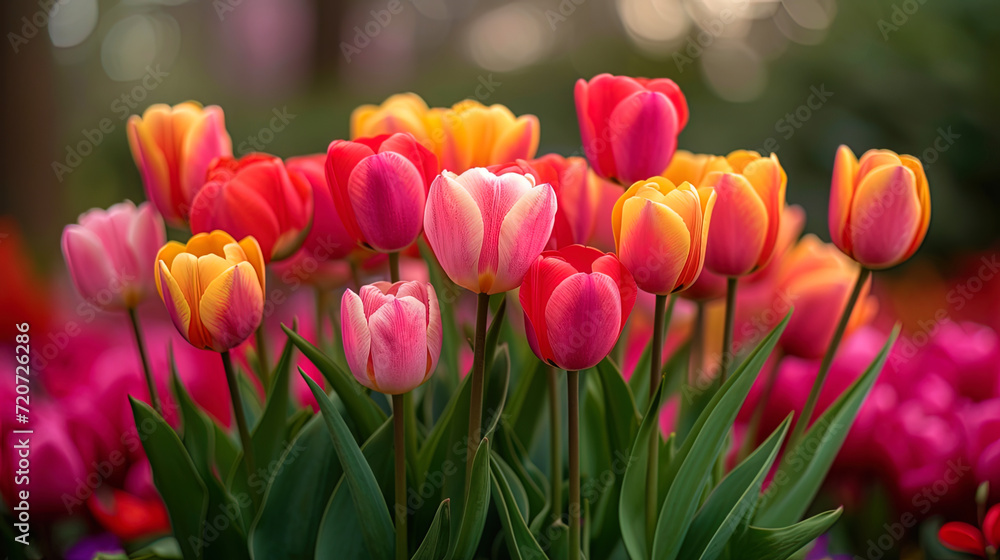 The spring tulip takes off, its juicy leaves framed by magnificent flowers in a bright palette from red to pin