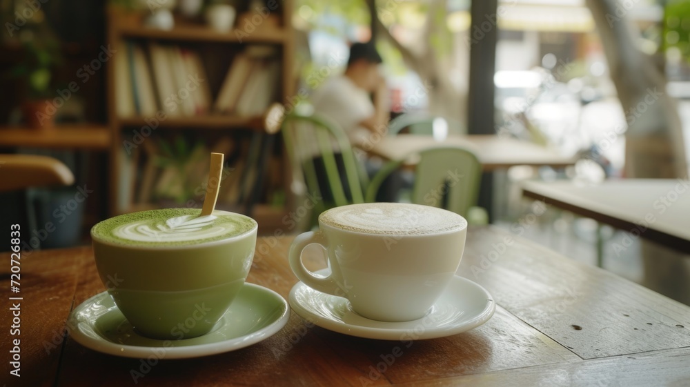Visual comparisons matcha tea and coffee in cup , place both beverages side by side for drink preferences, in the cafe and books background Visual comparisons matcha tea and coffee in cup , place both beverages side by side for drink preferences, in the cafe and books background