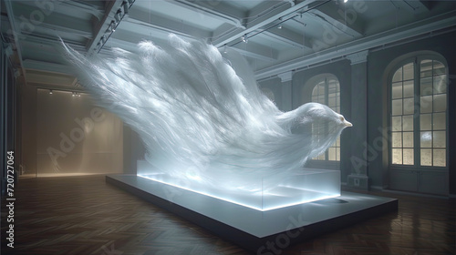 Artinstallation of feathers soaring in the air, creating lightness and airi photo