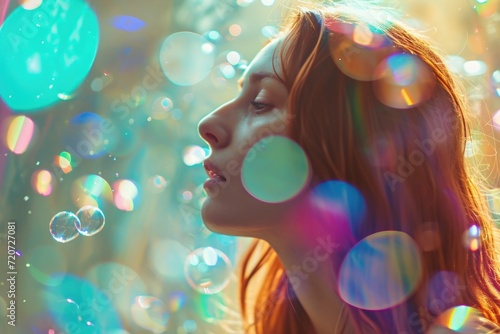 In the radiant sunlight, a young woman is encircled by floating, vibrant bubbles, cultivating a dreamy and enchanting atmosphere