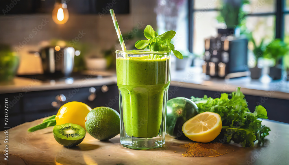 Fototapeta premium a green smoothie in a glass with lemon kiwi and herbs on a wooden table in the kitchen