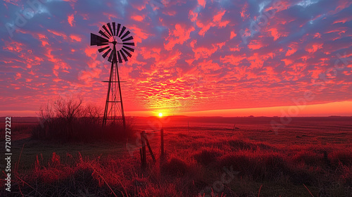 A landscape with a windmill against a bright sunset creating a picture of the fiery