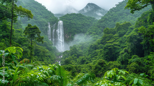 A photograph of a waterfall in a dense forest surrounded by green tre photo